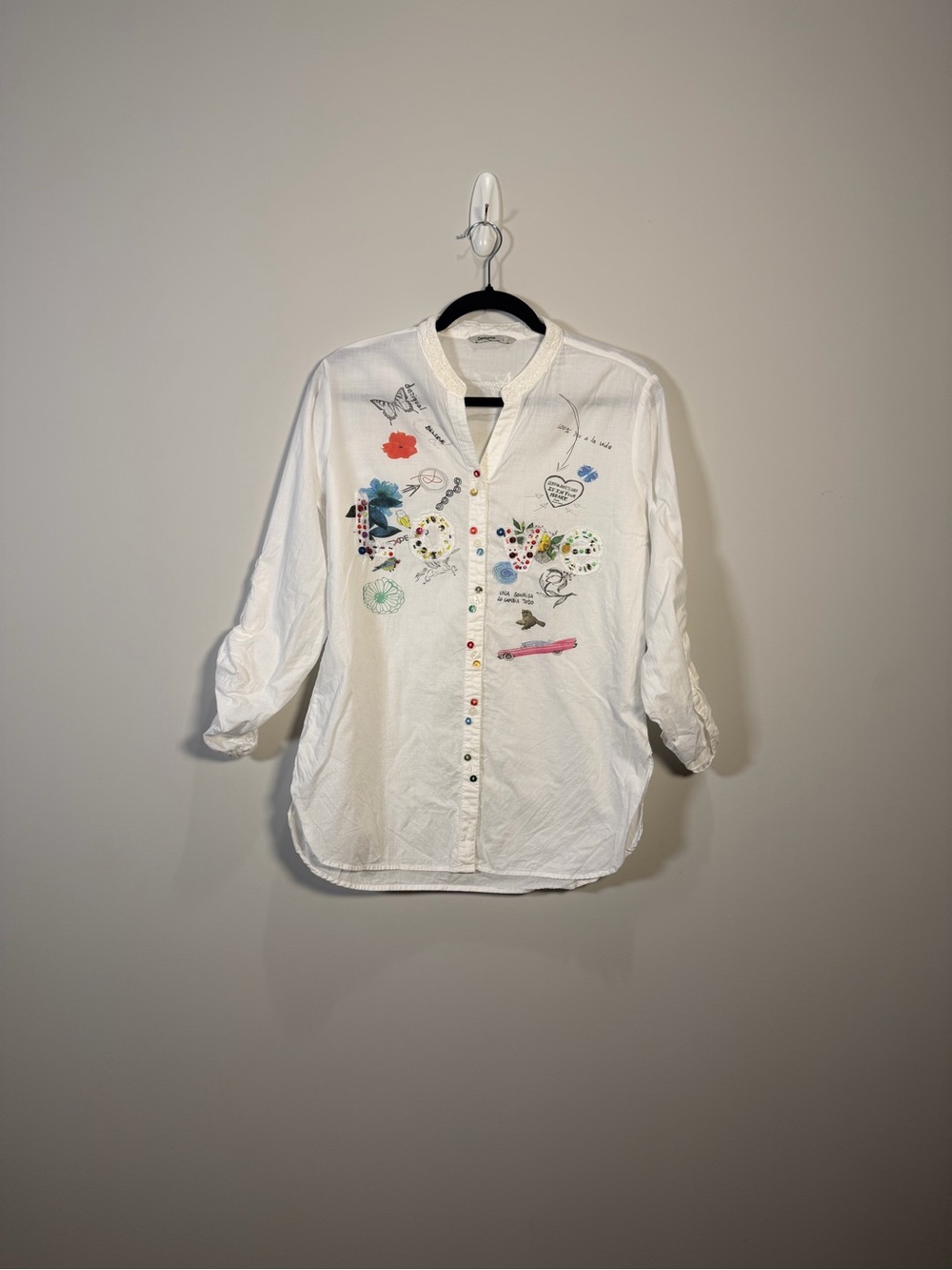 Desigual Womens L White LOVE Beaded Graphic Button Down Shirt Artsy Boho